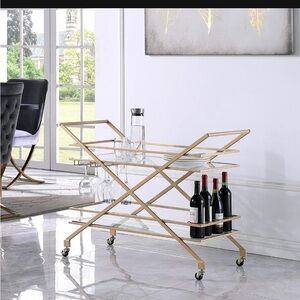 Source Unknown Gold Bar Cart with Glass Shelves